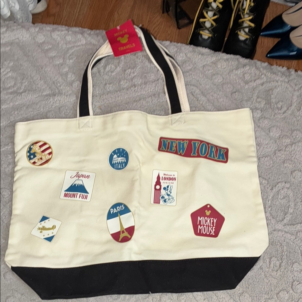 NWT Disney Cream and Black Travel Tote with Mickey Mouse Patches